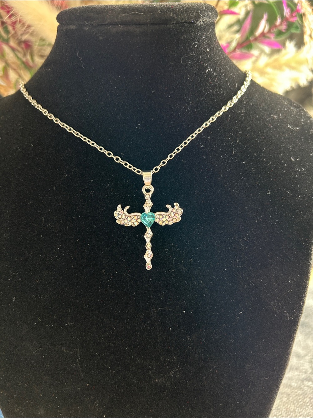Silver Cross Pendant Necklace with Teal Stone